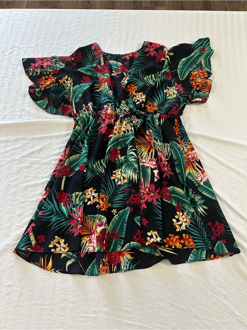 Tropical Floral V-Neck Elastic Waist Dress - Black with Green & Red Floral